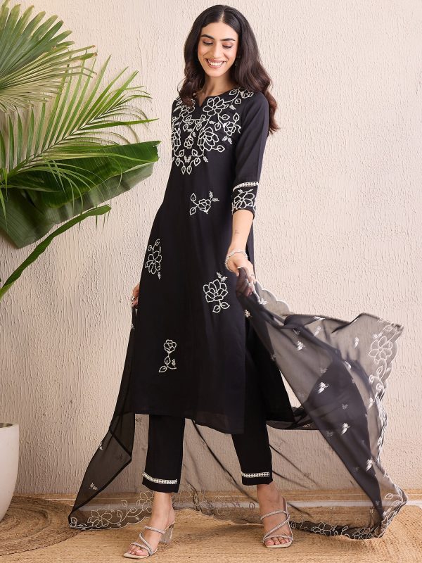 Women Black Embroidered Straight Kurta Trousers With Dupatta Set - Taantav Online Hot Sale