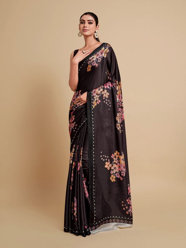 Sangria Black & Burgundy Floral Zari Satin Saree Fashion