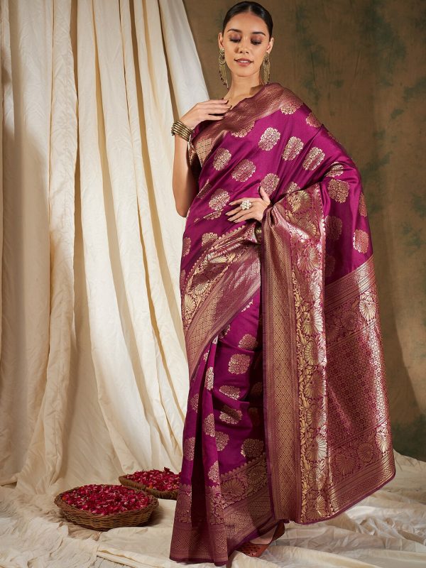 Sangria Burgundy & Gold-Toned Ethnic Motifs Woven Design Zari Silk Blend Banarasi Saree For Sale