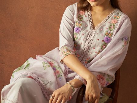 Women Lavender Embroidered Straight Kurta Trousers With Dupatta Set - Taantav Supply