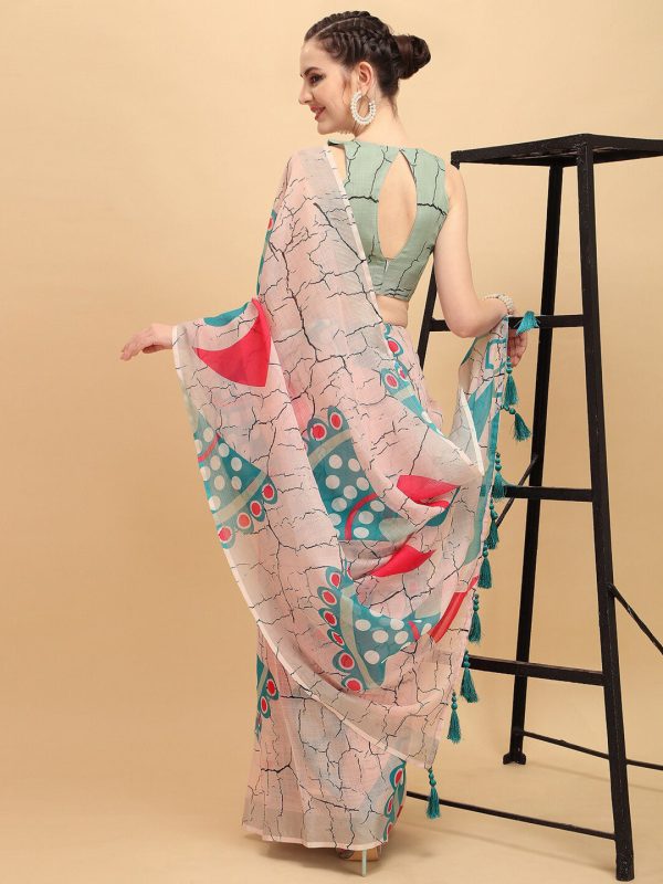 Sangria Abstract Printed Embellished Pure Linen Saree Online