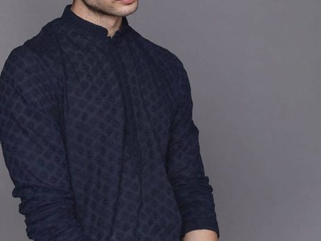 Manyavar Men Navy Blue Embroidered Regular Thread Work Kurta with Pyjamas Online