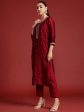 Women Maroon Embroidered Straight Kurta Trousers With Dupatta Set - Taantav Online