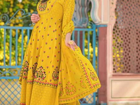 Sangria Yellow Floral Printed & Mirror Work Cotton Anarkali Kurta With Trouser & Dupatta Sale