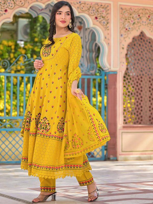 Sangria Yellow Floral Printed & Mirror Work Cotton Anarkali Kurta With Trouser & Dupatta Sale