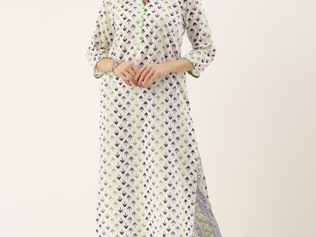 Sangria Women White Printed Pure Cotton Kurta with Trousers Hot on Sale