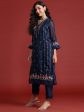 Women Navy Blue Embroidered Straight Kurta Trousers With Dupatta Set - Taantav Online now