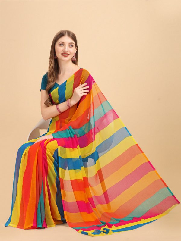 Sangria Yellow & Turquoise Blue Colourblocked Pure Chiffon Saree Online Hot Sale