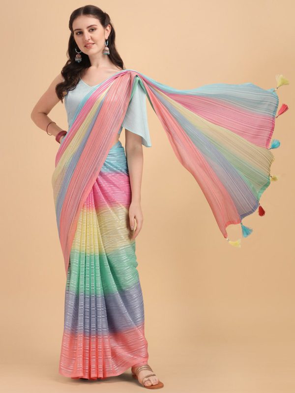 Sangria Blue & Pink Georgette Striped Zari Work Saree For Discount