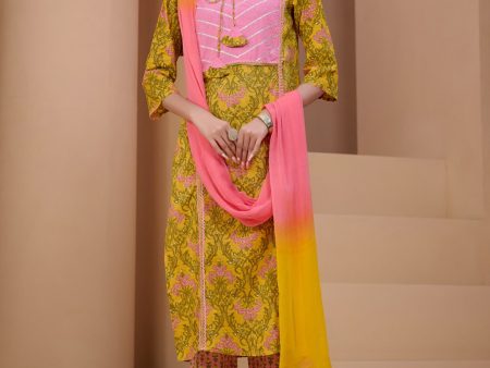 Sangria Yellow & Peach Floral Printed Pure Cotton Straight Kurta With Trousers & Dupatta Online now