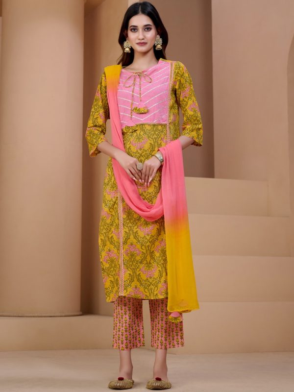 Sangria Yellow & Peach Floral Printed Pure Cotton Straight Kurta With Trousers & Dupatta Online now