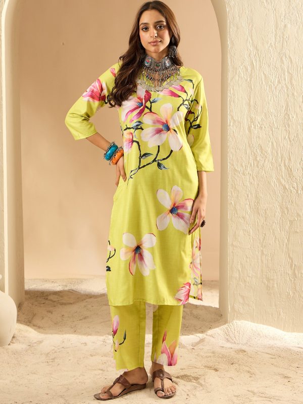 Women Olive Printed Straight Kurta Trousers Set - Taantav Discount