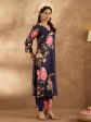 Women Navy Blue Printed Straight Kurta Trousers Set - Taantav Online