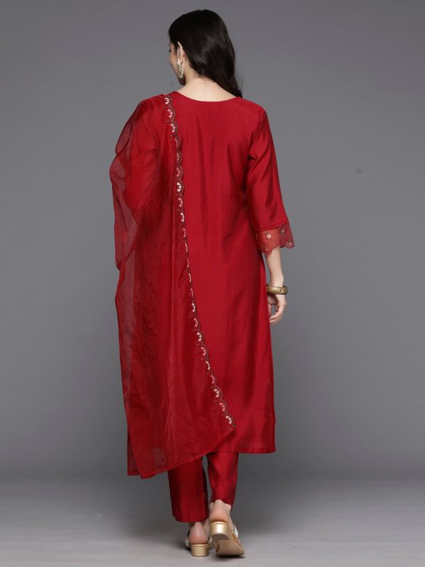 Women Red Embroidered A-Line Kurta Trousers With Dupatta Set - Taantav Online now