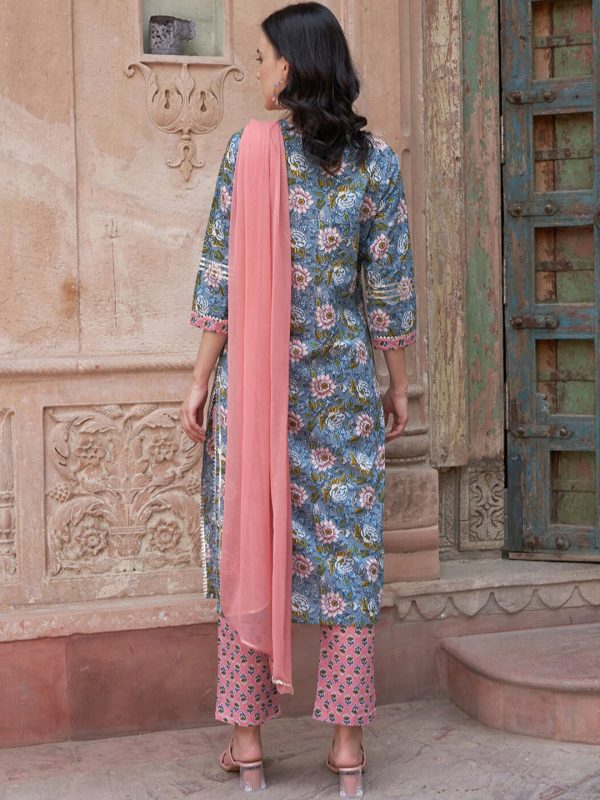 Sangria Blue Floral Printed Gotta Patti Pure Cotton Kurta with Trousers & Dupatta Sale