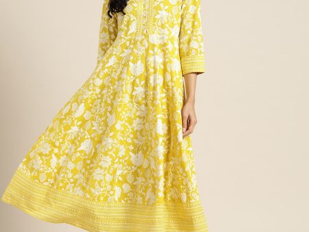 Sangria Women Yellow & White Ethnic Motifs Print Pure Cotton Anarkali Kurta For Sale