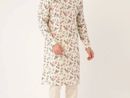 Manyavar Men Off-White & Pink Floral Print Straight Kurta Fashion