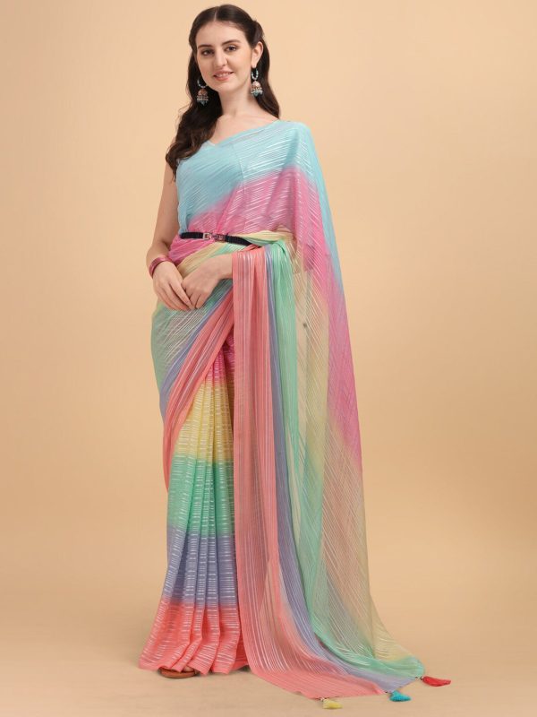 Sangria Blue & Pink Georgette Striped Zari Work Saree For Discount