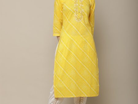 Sangria Women Yellow & White Embellished Cotton Straight Kurta Supply