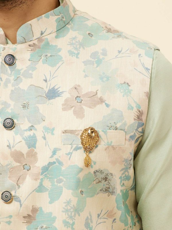 Manyavar Floral Printed Regular Kurta and Trousers With Nehru Jacket on Sale