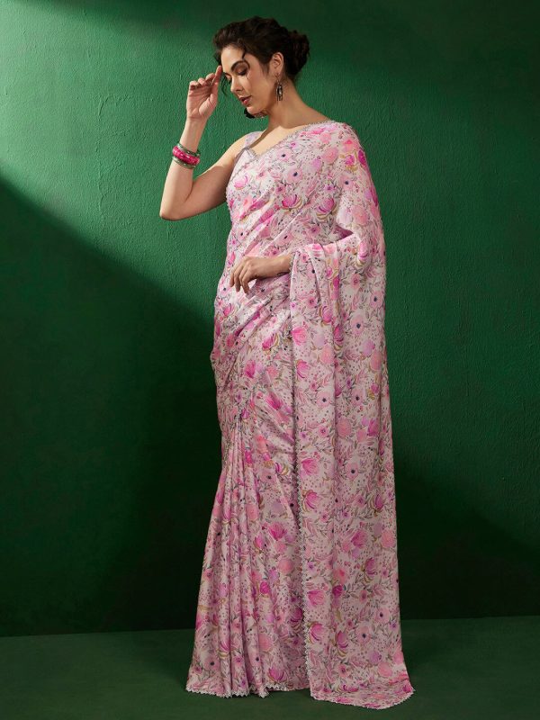 Sangria Floral Embellished Satin Saree on Sale