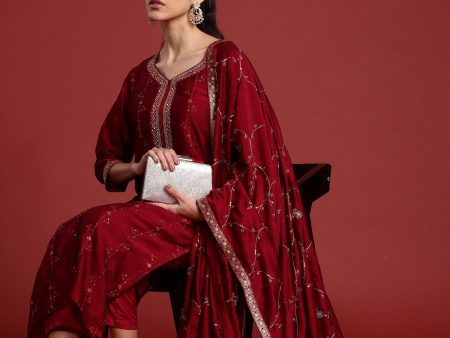 Women Maroon Embroidered Straight Kurta Trousers With Dupatta Set - Taantav Online