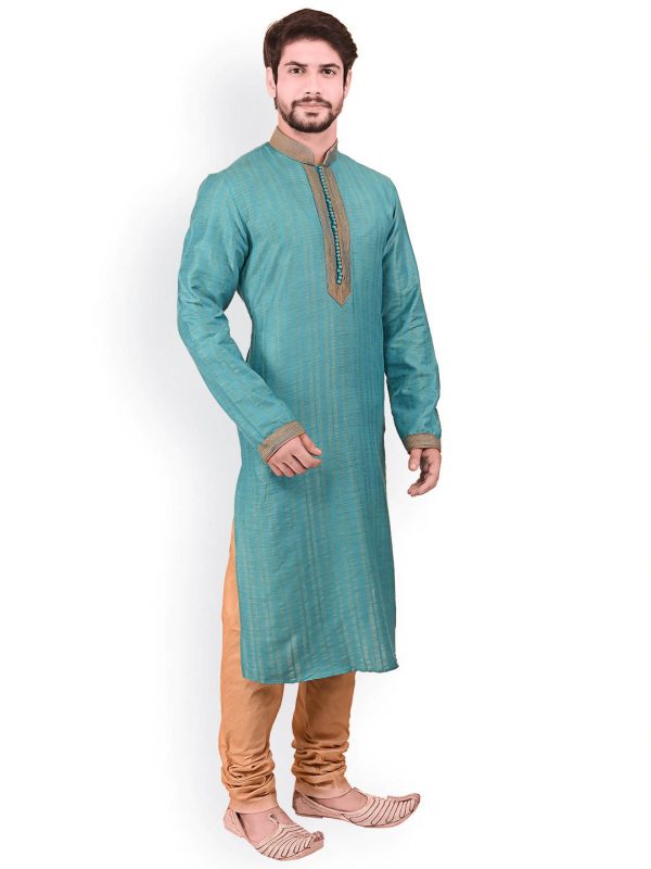 Manyavar Men Sea Green & Brown Self Design Kurta With Churidar Online Hot Sale