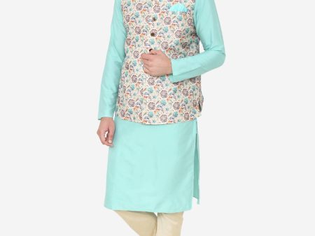 Manyavar Men Turquoise Blue & Cream-Coloured Solid Kurta with Churidar Sale