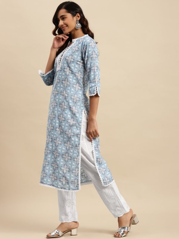 Sangria Blue Ethnic Motif Printed Pure-Cotton Straight Kurta With Trouser & Dupatta Supply