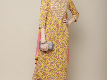 Sangria Women Yellow Printed Gotta Patti Pure Cotton Kurta with Trousers & Dupatta Online Sale