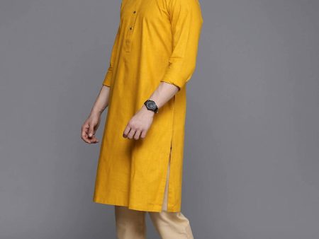 Manyavar Men Yellow Solid Band Collar Regular Sleeves Straight Kurta Supply