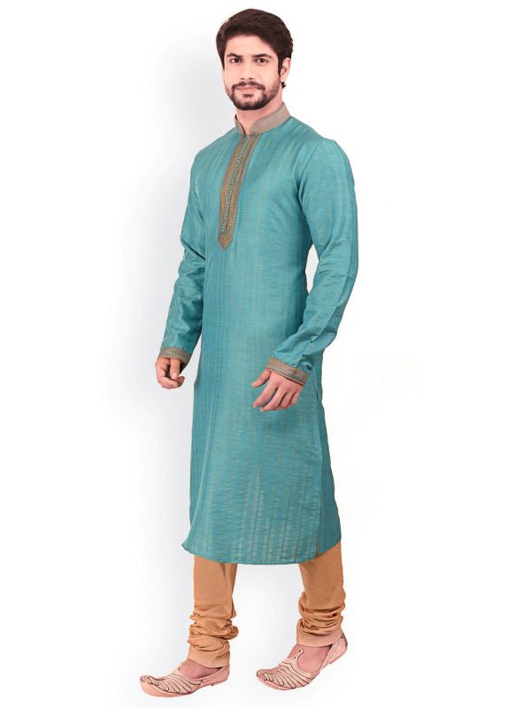 Manyavar Men Sea Green & Brown Self Design Kurta With Churidar Online Hot Sale