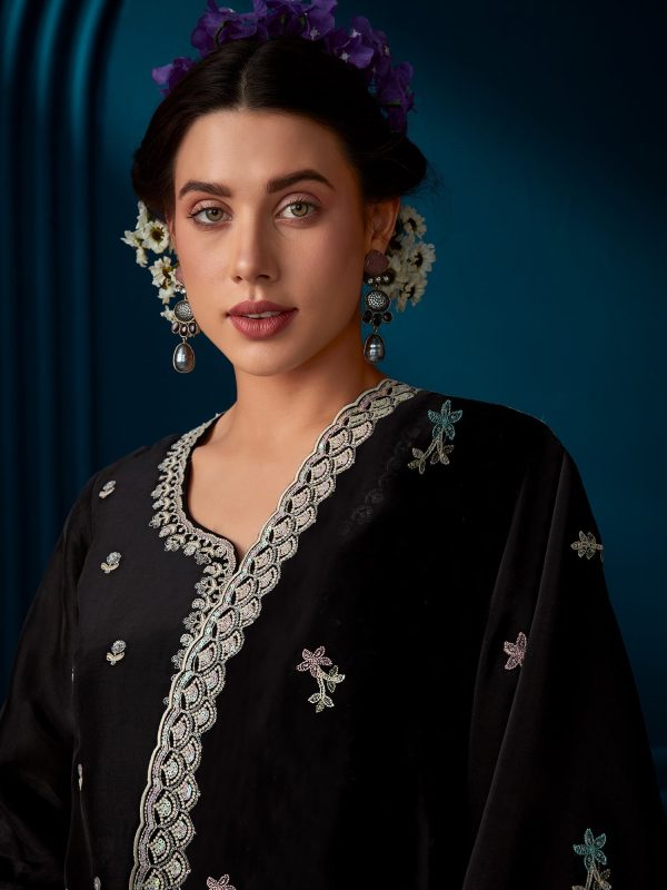 Women Black Straight Embroidered Kurta Trousers With Dupatta Set - Taantav Online Sale