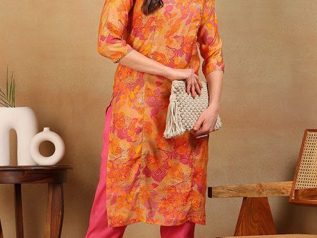 Ahika Beige & Orange Poly Silk Straight Kurta Cheap