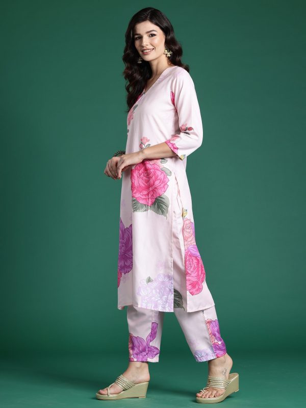 Women Peach Printed Straight Kurta Trousers Set - Taantav Discount