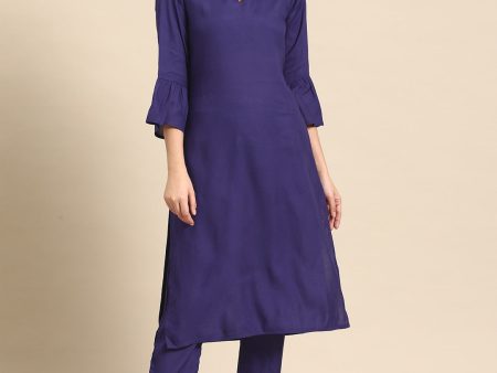 Sangria Bell Sleeves Solid Straight Kurta With Trousers Hot on Sale