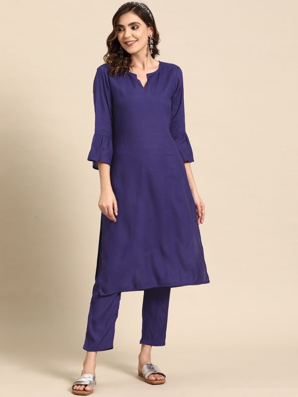 Sangria Bell Sleeves Solid Straight Kurta With Trousers Hot on Sale