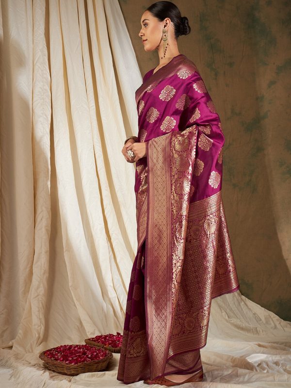 Sangria Burgundy & Gold-Toned Ethnic Motifs Woven Design Zari Silk Blend Banarasi Saree For Sale