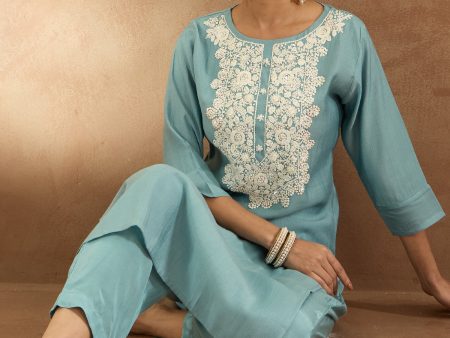 Women Blue Embroidered Straight Kurta Trousers Set - Taantav Discount