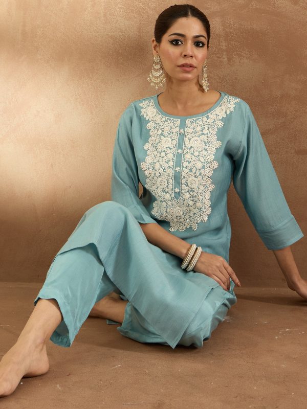 Women Blue Embroidered Straight Kurta Trousers Set - Taantav Discount