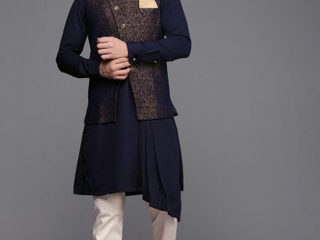 Manyavar Men Navy Blue Solid Pleated Kurta with Pyjamas Printed Nehru Jacket on Sale