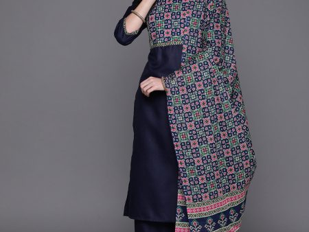 Women Navy Blue Printed Straight Kurta Palazzos With Dupatta Set - Taantav on Sale