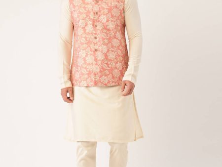 Manyavar Men Peach & Cream Coloured Woven Jacquard Kurta with Churidar & Nehru Jacket Online