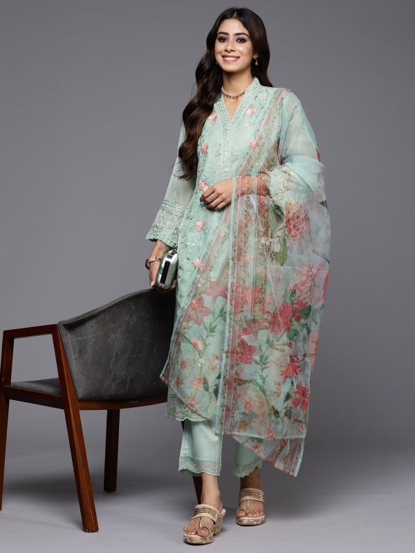 Women Sea Green Embroidered Straight Kurta Trousers With Dupatta Set - Taantav Online now