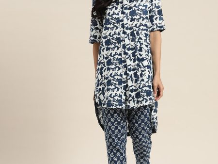 Sangria Women White & Navy Blue Printed Kurta with Trousers Supply