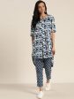 Sangria Women White & Navy Blue Printed Kurta with Trousers Supply