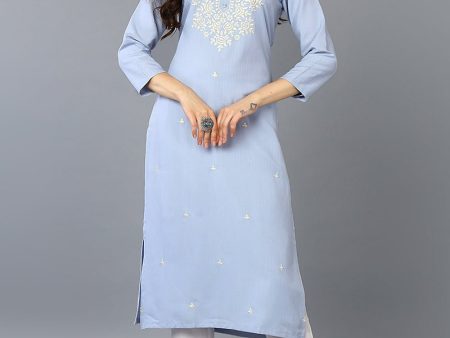 Ahika Blue Cotton Blend Embroidered Straight Kurta Online