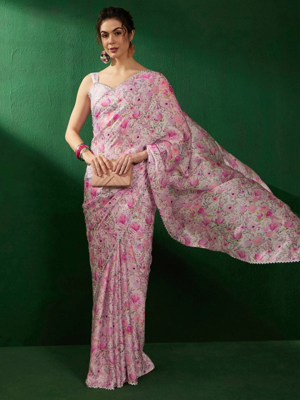 Sangria Floral Embellished Satin Saree on Sale