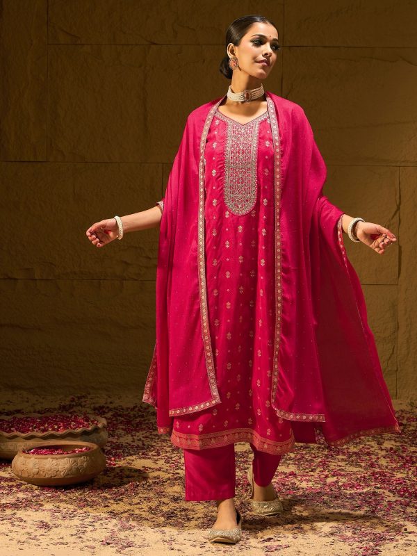 Women Magenta Embroidered Straight Kurta Trousers With Dupatta Set - Taantav Sale