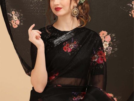 Sangria Black & Coral Floral Sequinned Organza Celebrity Saree Discount